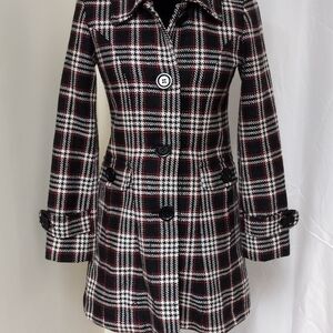 Women's Black, White & Red Plaid Pea Coat
